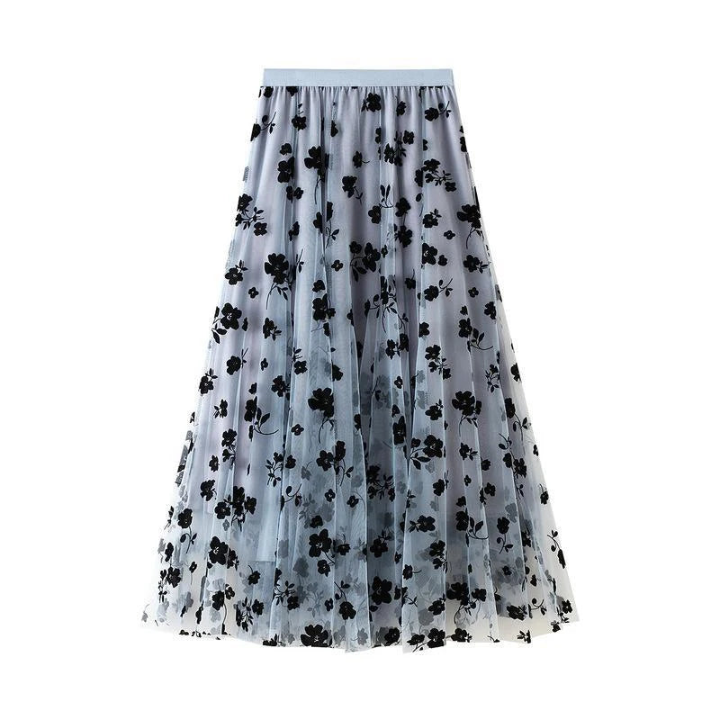 Women Floral Embroidered Tulle Maxi Skirt High Waist Mesh A Line Skirt