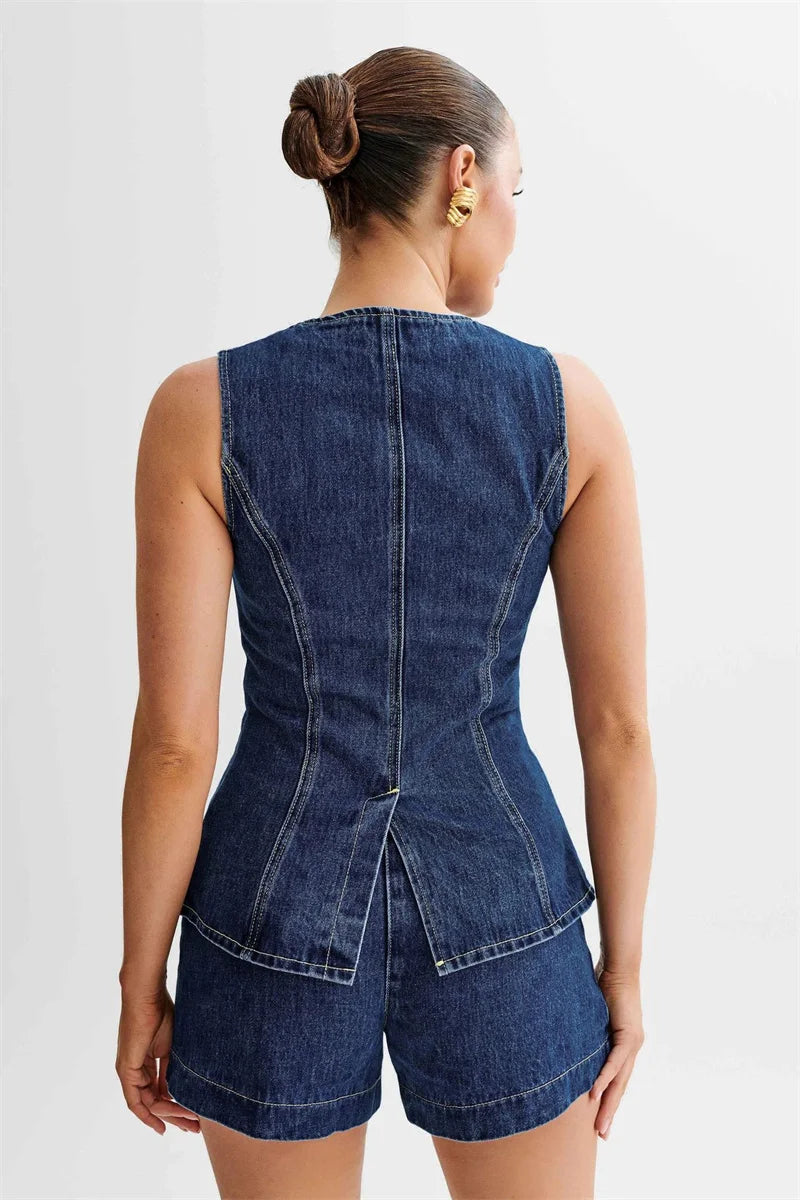 Women's Denim Waistcoat & High Waist Shorts Co-Ord Set | Casual Two Piece Summer Outfit