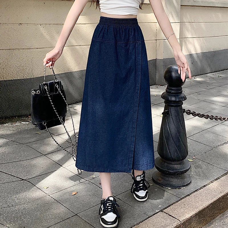 Women High Waist Denim Culottes Wide Leg Cropped Jeans Palazzo Skirt Pants