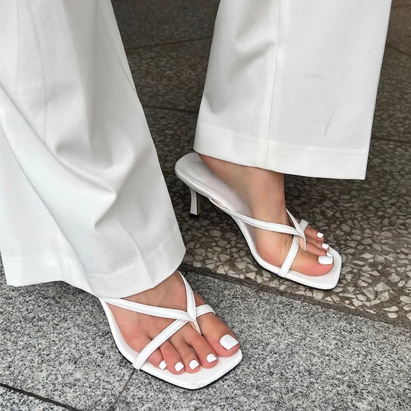 Women’s Minimal Thong Heel Sandals – Elegant Square Toe Slip-On Heels for Party & Everyday Chic Wear