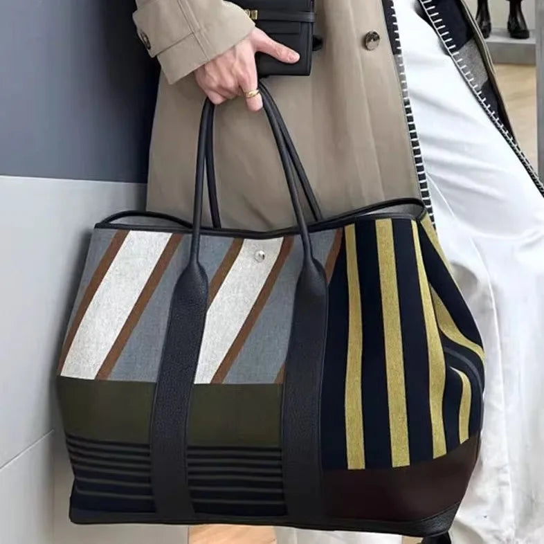 Designer Striped Tote Bag for Women | Large Capacity Shoulder Handbag | Fashion Travel Shopper Bag | Casual Everyday Tote Purse