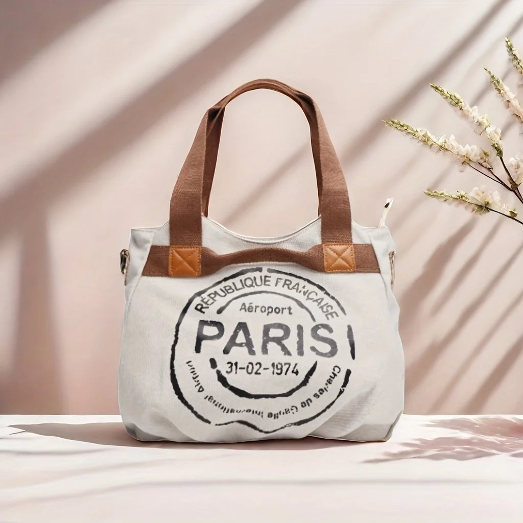 Vintage Canvas Tote Bag for Women | Casual Shoulder Handbag | Large Capacity Everyday Shopper Purse | Paris Print Travel Tote