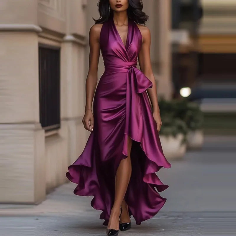 Satin Halter Neck Maxi Dress with High Low Hem | Elegant Evening Dress
