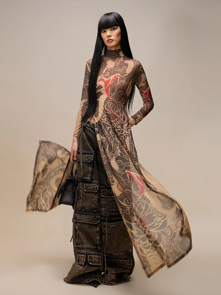 Dragon Print Maxi Dress Women | Long Sleeve High Neck Bodycon Dress