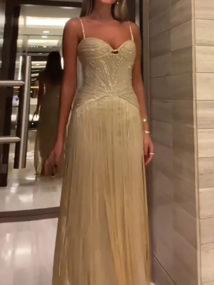 Women’s Gold Sequin Fringe Evening Gown | Strapless Corset Maxi Dress for Galas, Prom, Weddings & Formal Events