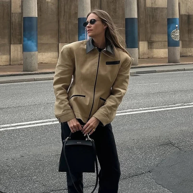 Women’s Beige Faux Leather Jacket | Vintage Minimalist Zip-Up Slim Fit Moto Coat