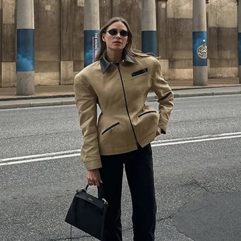 Women’s Beige Faux Leather Jacket | Vintage Minimalist Zip-Up Slim Fit Moto Coat