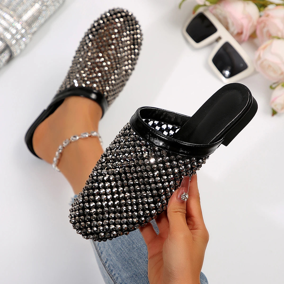Women’s Rhinestone Mesh Mule Flats – Elegant Slip-On Party Loafers for Wedding & Evening Wear