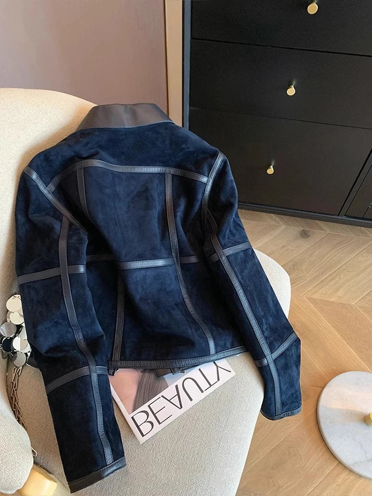 Women’s Navy Blue Faux Suede Moto Jacket | Zip-Up Cropped Biker Jacket with Faux Leather Trim for Casual, Streetwear & Fall Fashion