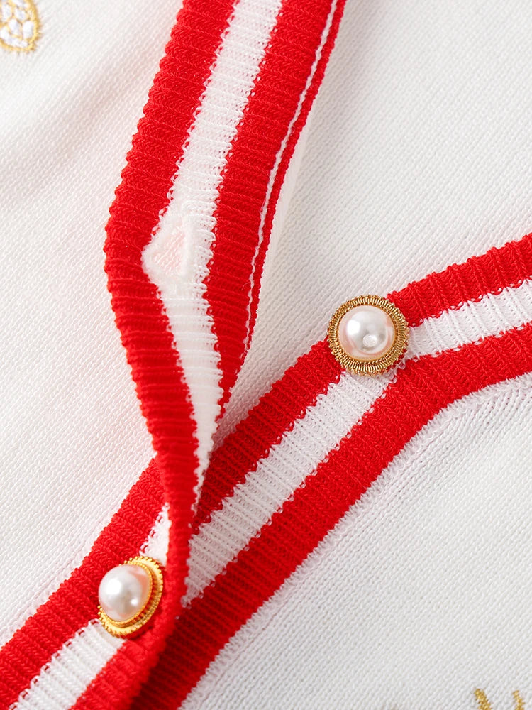 Women’s Bee Embroidered Cardigan Sweater | White V-Neck Preppy Knit Cardigan with Red Trim