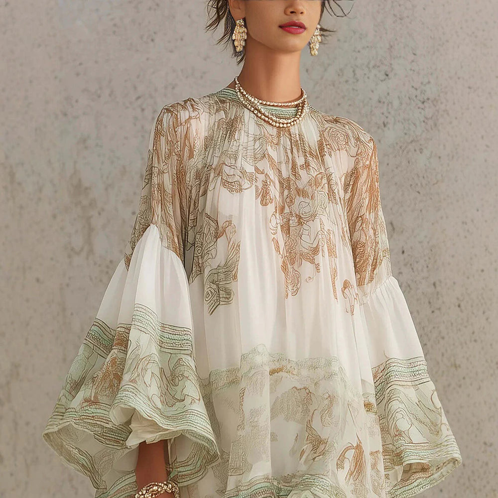 Women’s Boho Floral High-Low Mini Dress | Oversized Chiffon Ruffle Dress with Balloon Sleeves for Beach Vacations & Resort Wear