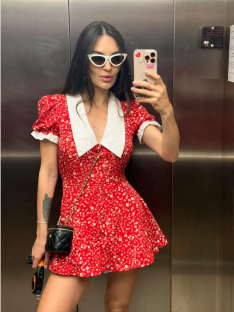 Women’s Red Floral Mini Dress | Vintage Puff Sleeve Peter Pan Collar Summer Party Dress