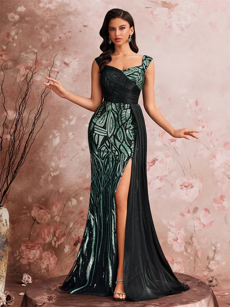 Women’s Emerald Green Sequin Mermaid Evening Gown | One Shoulder Formal Dress with High Slit & Chiffon Drape for Prom, Galas & Weddings