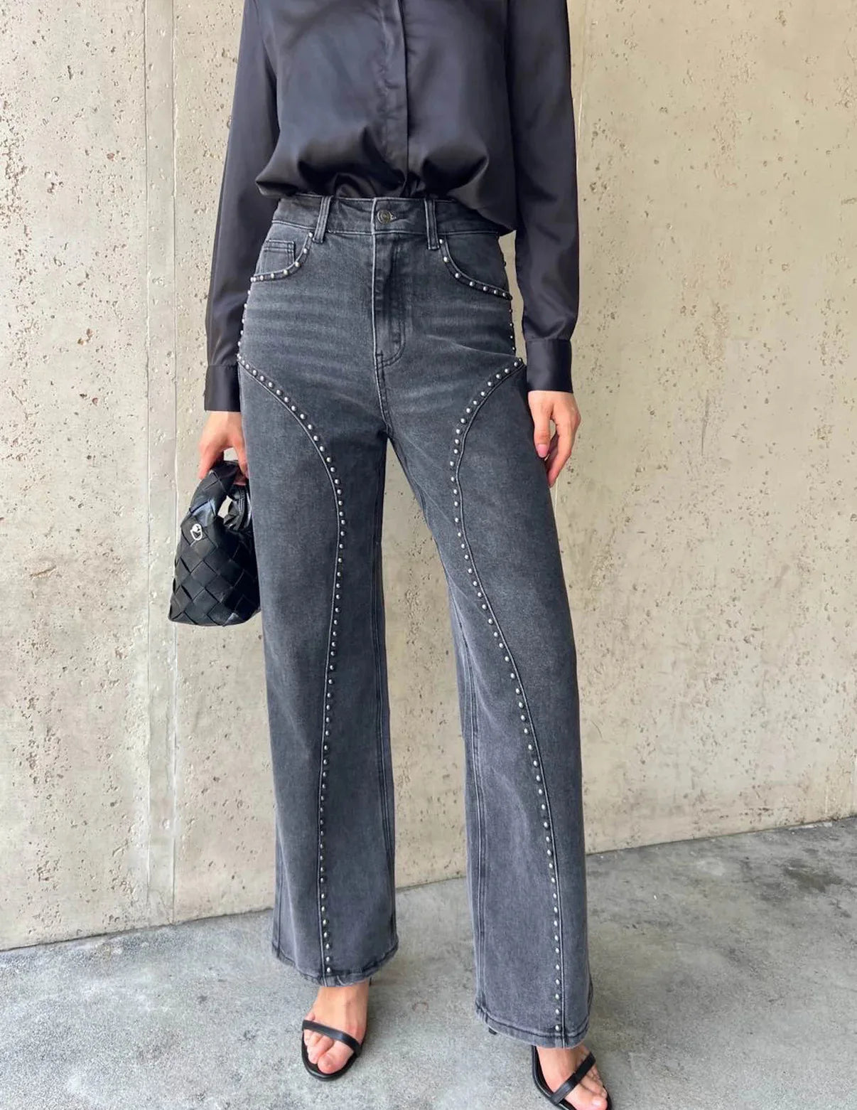 Women High Waist Straight Leg Studded Jeans Vintage Wide Leg Denim Trousers