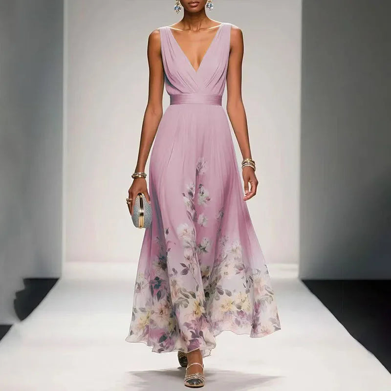 Floral Maxi Dress Women | V Neck Sleeveless A Line Evening Dress