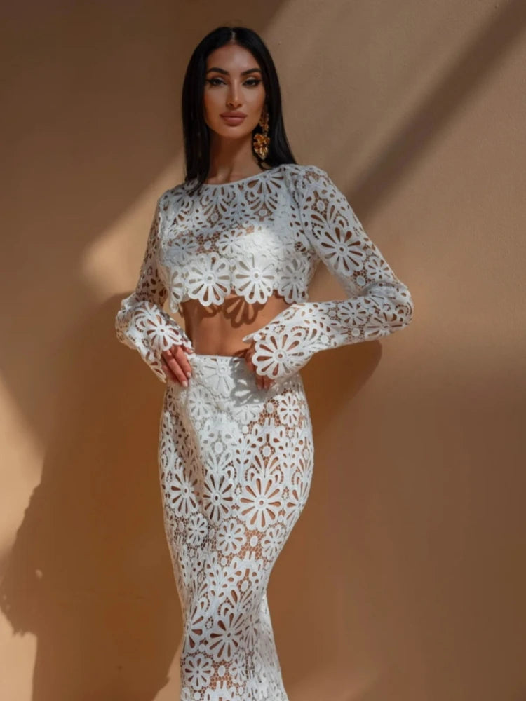Women's Floral Lace Crop Top & Midi Skirt Co-Ord Set | Elegant Occasion Two Piece Outfit