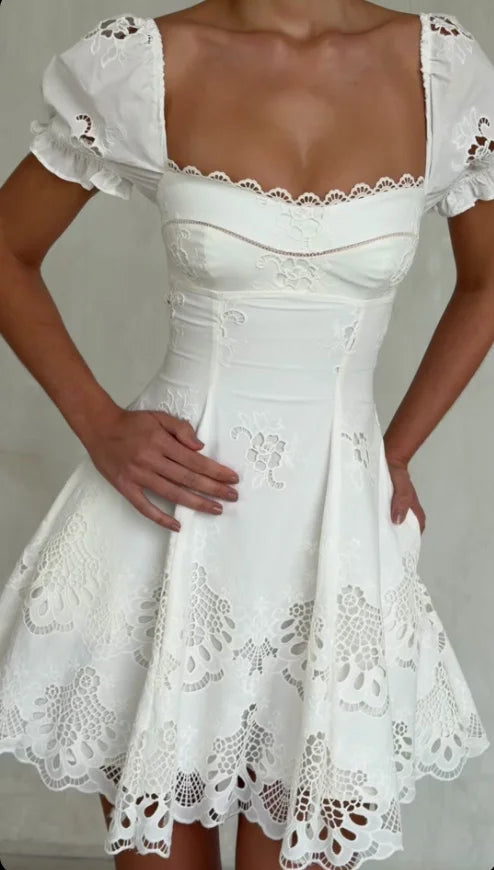 Women’s White Lace Cottagecore Mini Dress | Romantic Puff Sleeve Corset Summer Dress