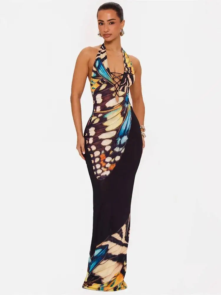 Women’s Butterfly Print Halter Maxi Dress | Backless Bodycon Evening Dress for Vacations, Parties & Resort Wear