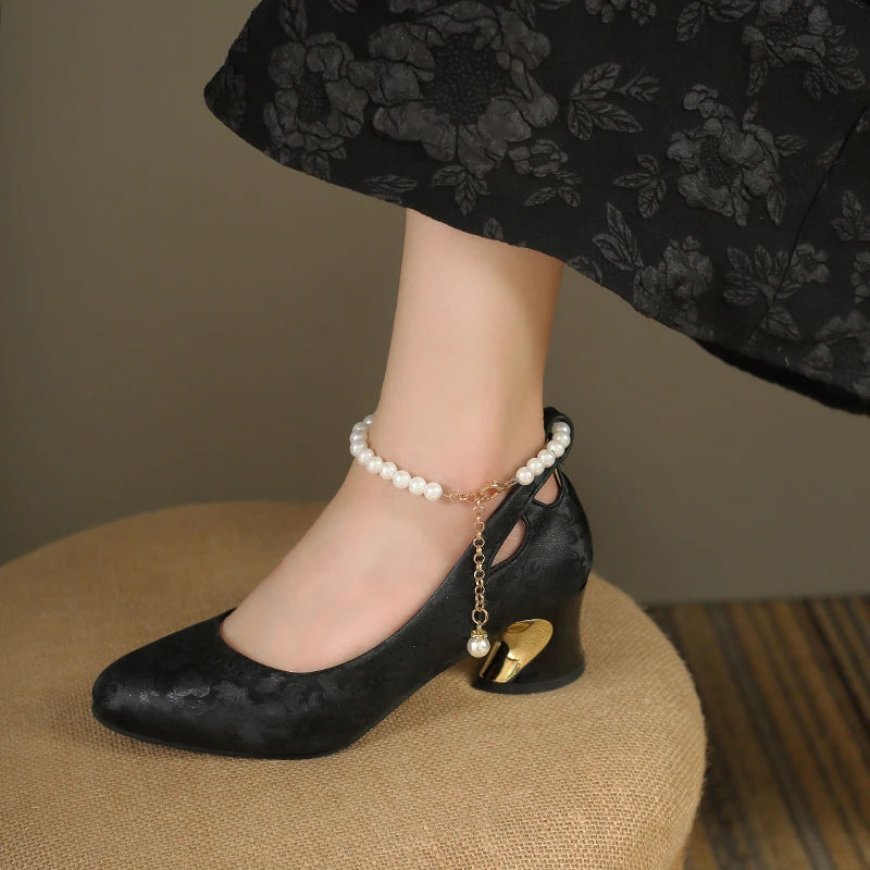 Women’s Pearl Strap Mary Jane Heels – Elegant Floral Pumps for Party, Wedding & Occasion Wear