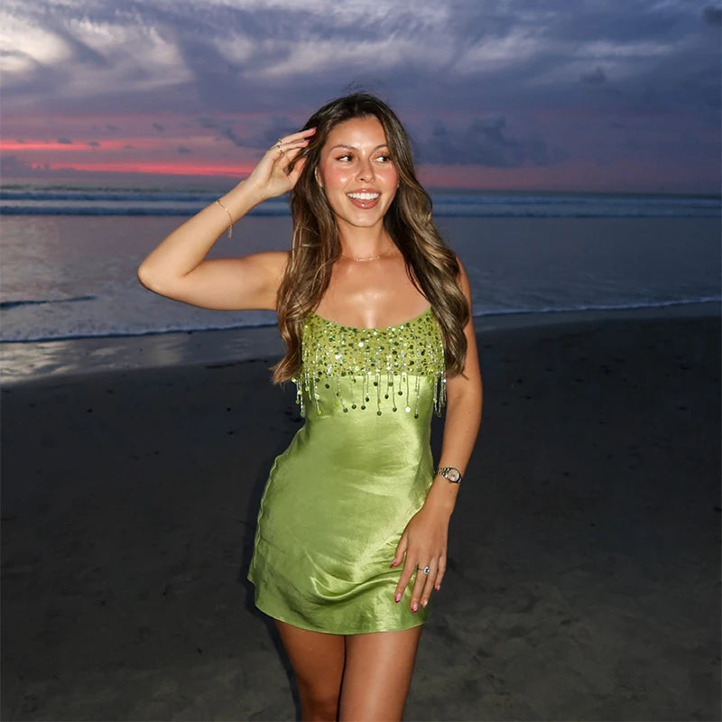 Women’s Lime Green Sequin Satin Mini Dress | Sparkly Fringe Bodycon Party Dress for Clubwear & Vacation Nights