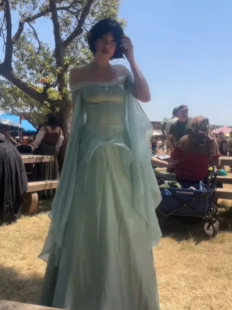 Women’s Sage Green Off Shoulder Princess Ball Gown | Corset Maxi Dress with Cape Sleeves for Prom, Renaissance Fair & Formal Events
