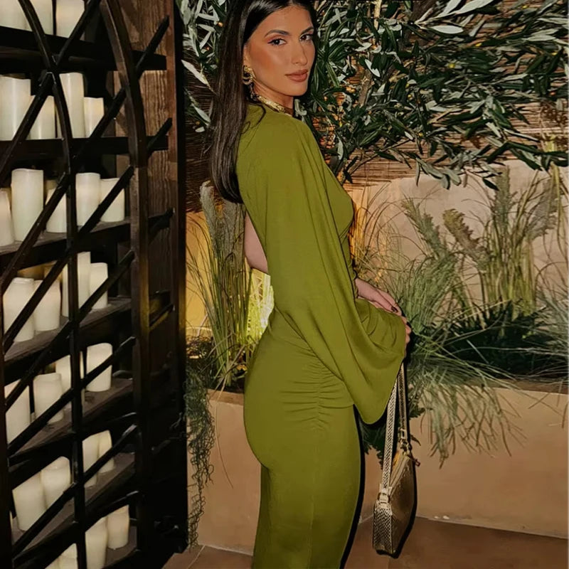 Olive Green One Shoulder Maxi Dress | Elegant Cut Out Evening Dress