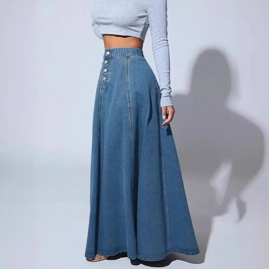 Women High Waist Denim Maxi Skirt Button Detail A Line Long Skirt