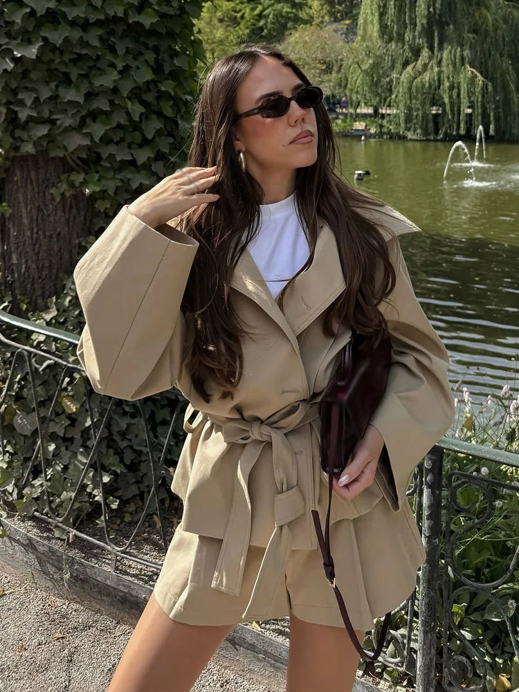 Women's Belted Jacket & Pleated Mini Skirt Co-Ord Set | Smart Casual Two Piece Outfit