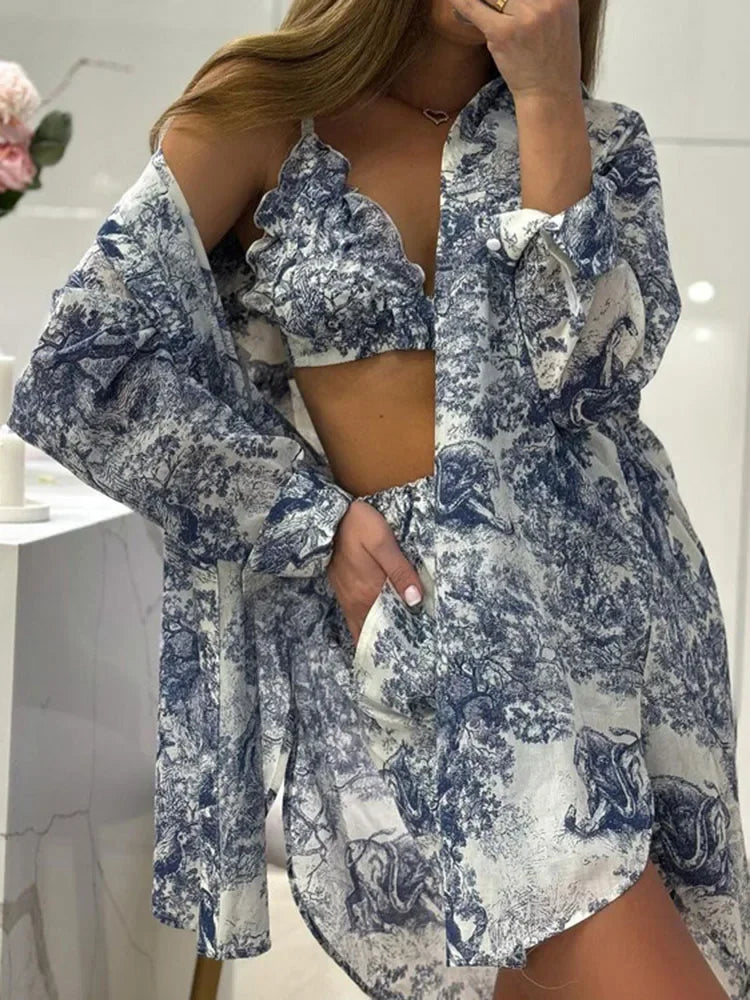 Women's Printed Bralette, Oversized Shirt & Shorts Co-Ord Set | Three Piece Holiday Outfit