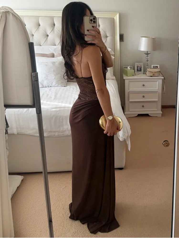 Women’s Brown Lace Mermaid Gown | Elegant Off Shoulder Evening Dress for Formal Events & Galas
