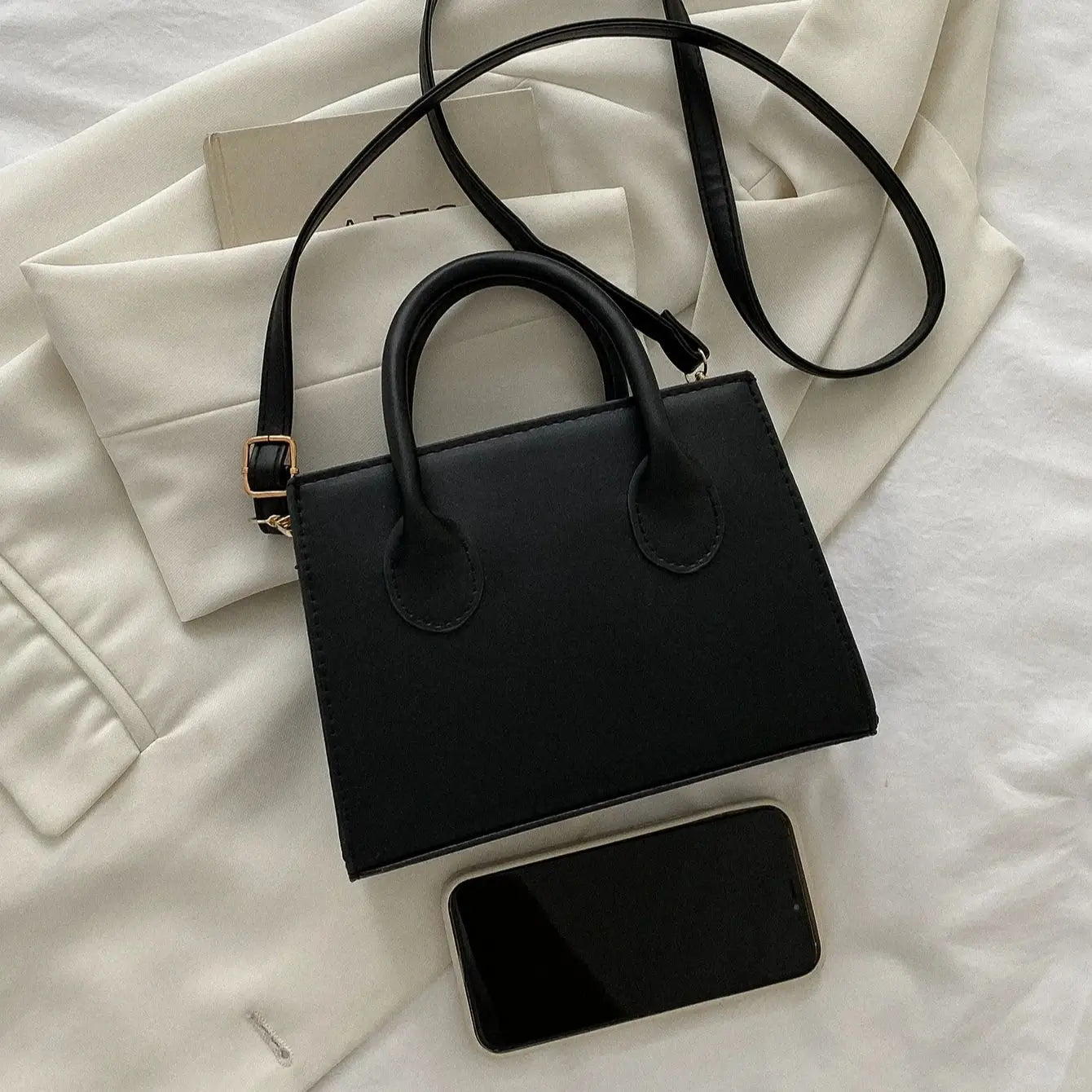 Black Mini Top Handle Handbag for Women | Structured Crossbody Satchel Purse | Elegant Leather Shoulder Bag