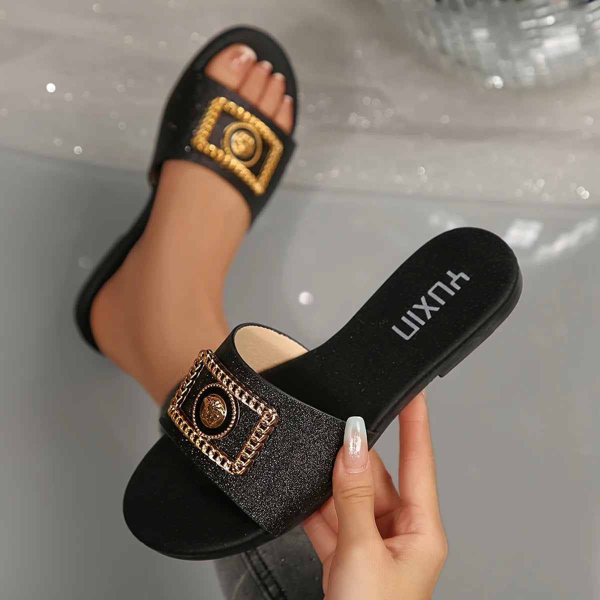 Women’s Embellished Slide Sandals – Elegant Flat Slippers for Casual, Party & Everyday Wear