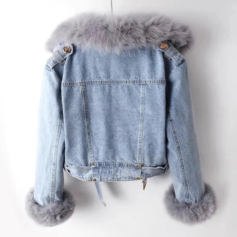 Women’s Faux Fur Denim Jacket | Luxury Cropped Winter Moto Coat