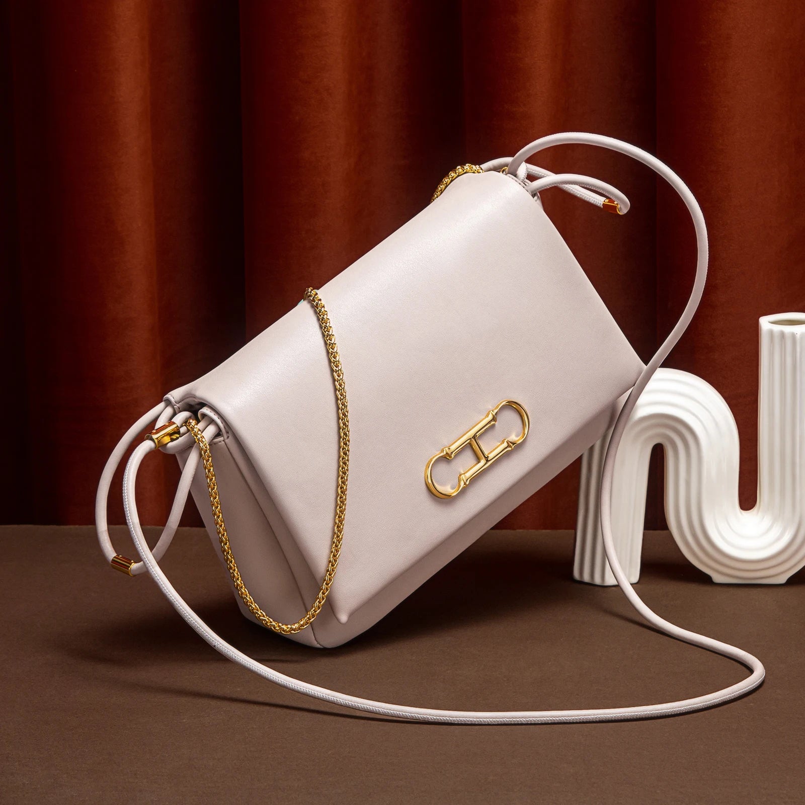 Cream Leather Crossbody Bag for Women | Elegant Flap Shoulder Handbag | Minimalist Evening Purse with Gold Hardware