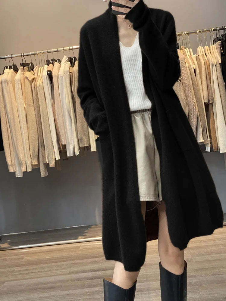 Women’s Long Brown Knit Cardigan Coat | Minimalist Open Front Cozy Sweater Jacket