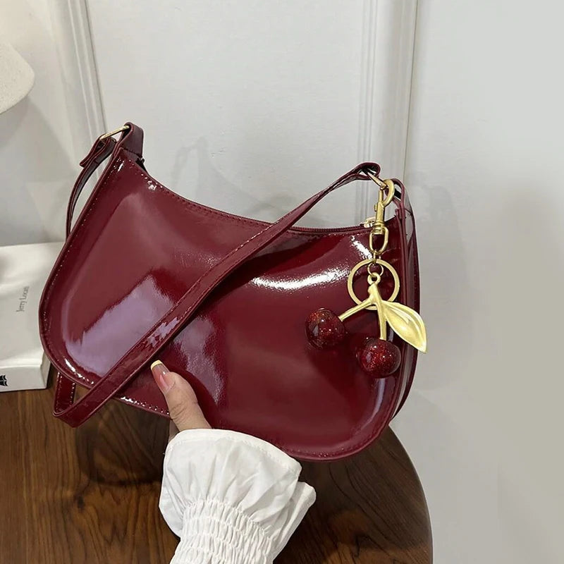 Cherry Charm Patent Leather Shoulder Bag for Women | Y2K Crescent Hobo Bag | Glossy Crossbody Purse | Cute Retro Handbag