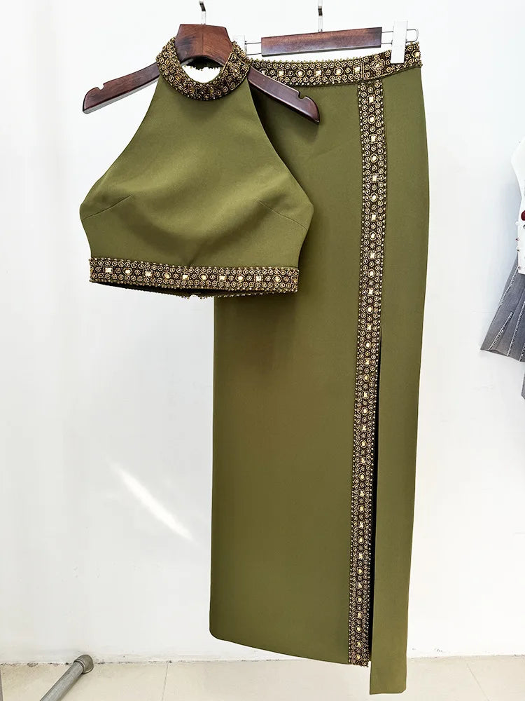 Women's Embellished Halter Crop Top & High Split Maxi Skirt Co-Ord Set | Luxury Evening Two Piece Outfit