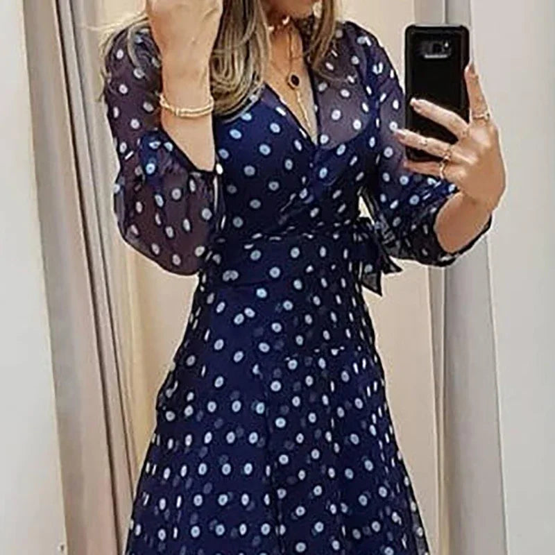 Women’s Navy Blue Polka Dot Wrap Maxi Dress | Long Sleeve High Low Chiffon Dress for Weddings, Brunch, Vacation & Special Occasions