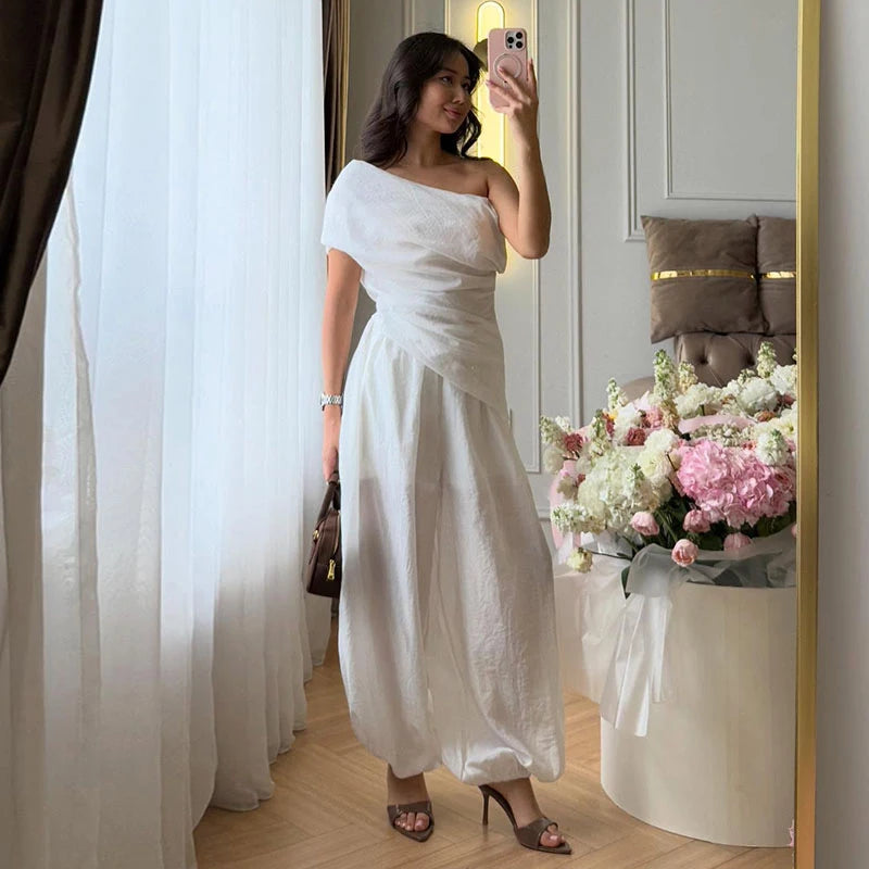 Women's Off Shoulder Draped Top & Wide Leg Trousers Co-Ord Set | Elegant Resort Two Piece Outfit