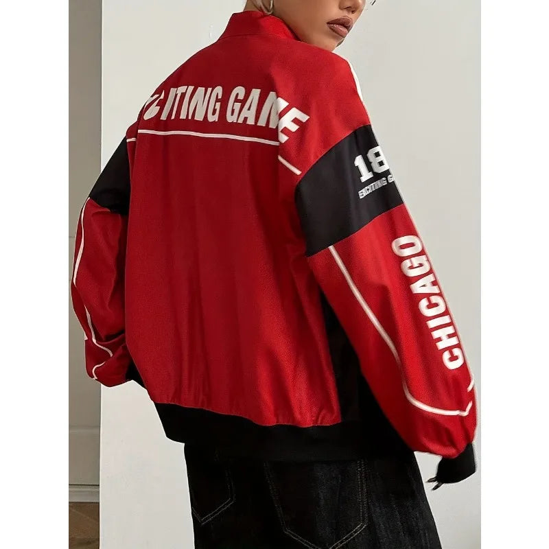 Women’s Racing Graphic Bomber Jacket | Oversized Moto Streetwear Zip Up Track Jacket