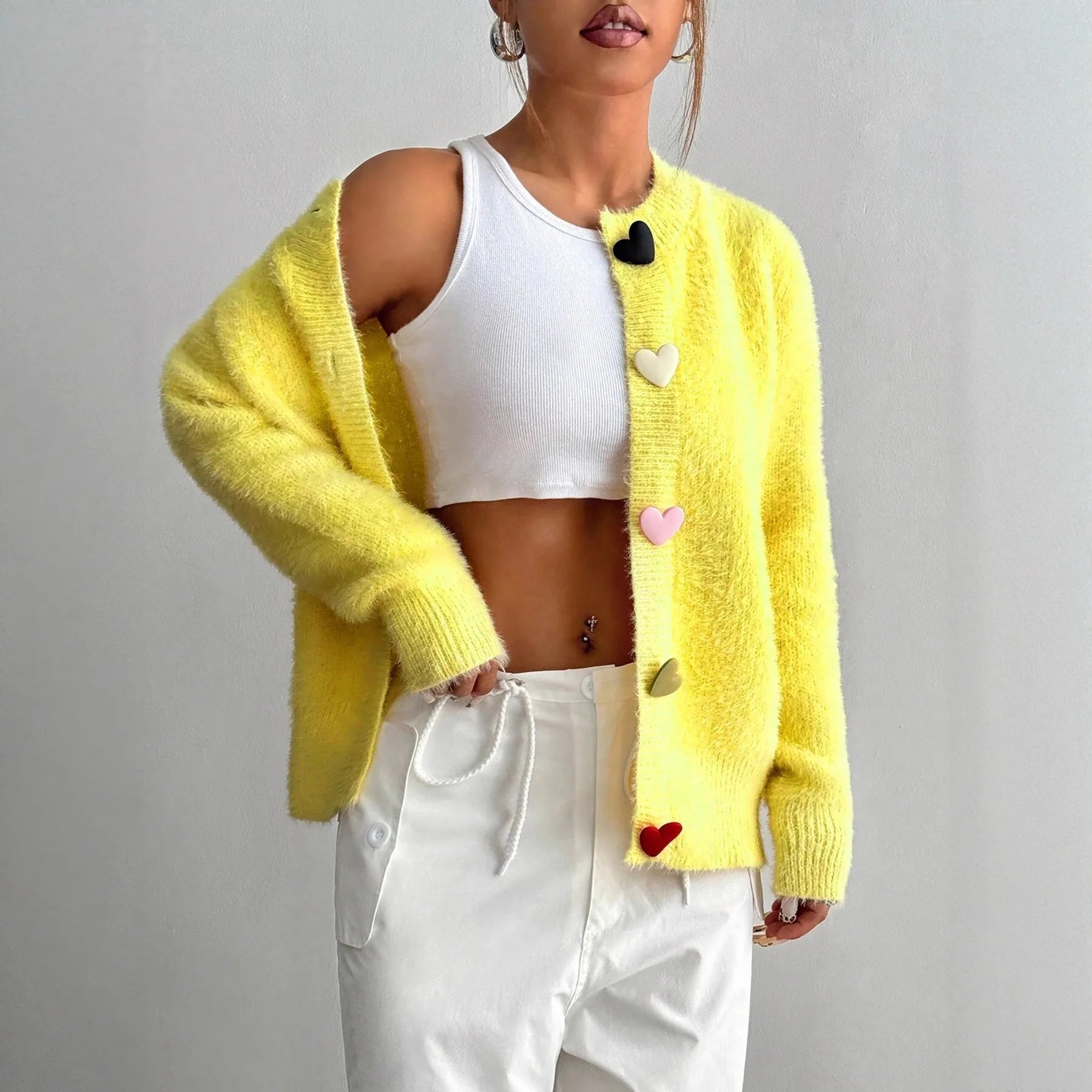 Women’s Fuzzy Yellow Cardigan Sweater | Soft Button-Up Heart Detail Knit Cardigan Cozy Casual Outerwear