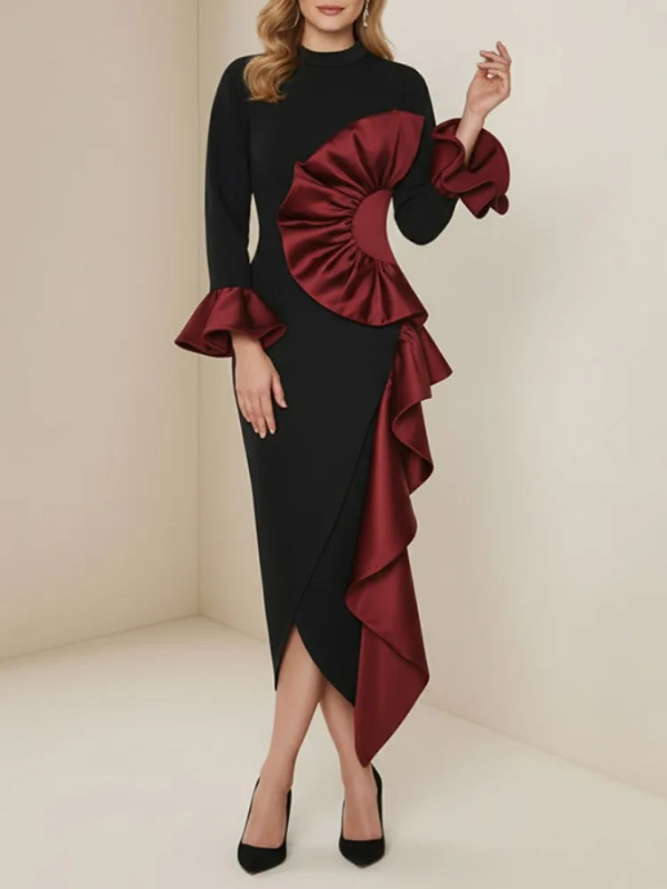 Ruffle Midi Dress Women | Long Sleeve High Neck Elegant Party Dress