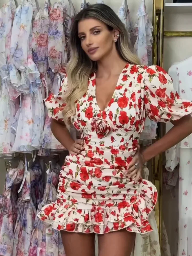 Women’s Red Floral Ruffle Mini Dress | Romantic Puff Sleeve Bodycon Party Dress for Date Night & Summer Events