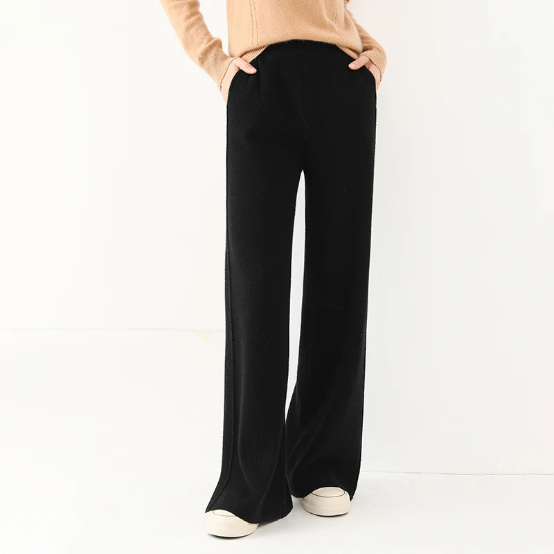 Women Straight Fit Knit Lounge Pants High Waist Minimalist Casual Trousers