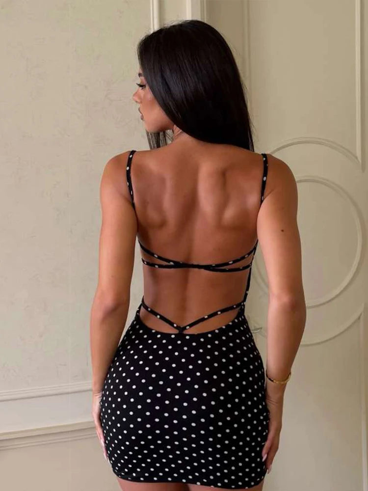 Women’s Black Polka Dot Bodycon Mini Dress | Square Neck Spaghetti Strap Party Dress for Date Nights & Clubwear