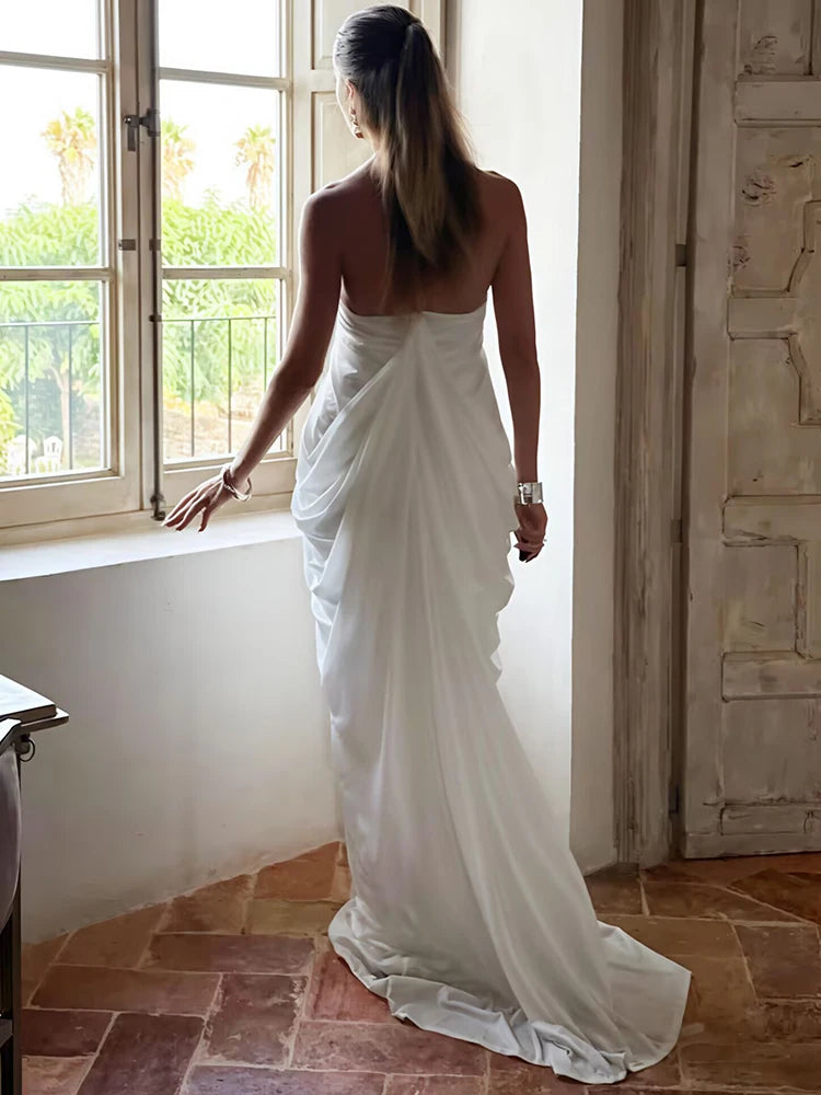 Women’s White Grecian Halter Maxi Dress | Elegant Draped Backless Evening Gown for Weddings & Resort Wear