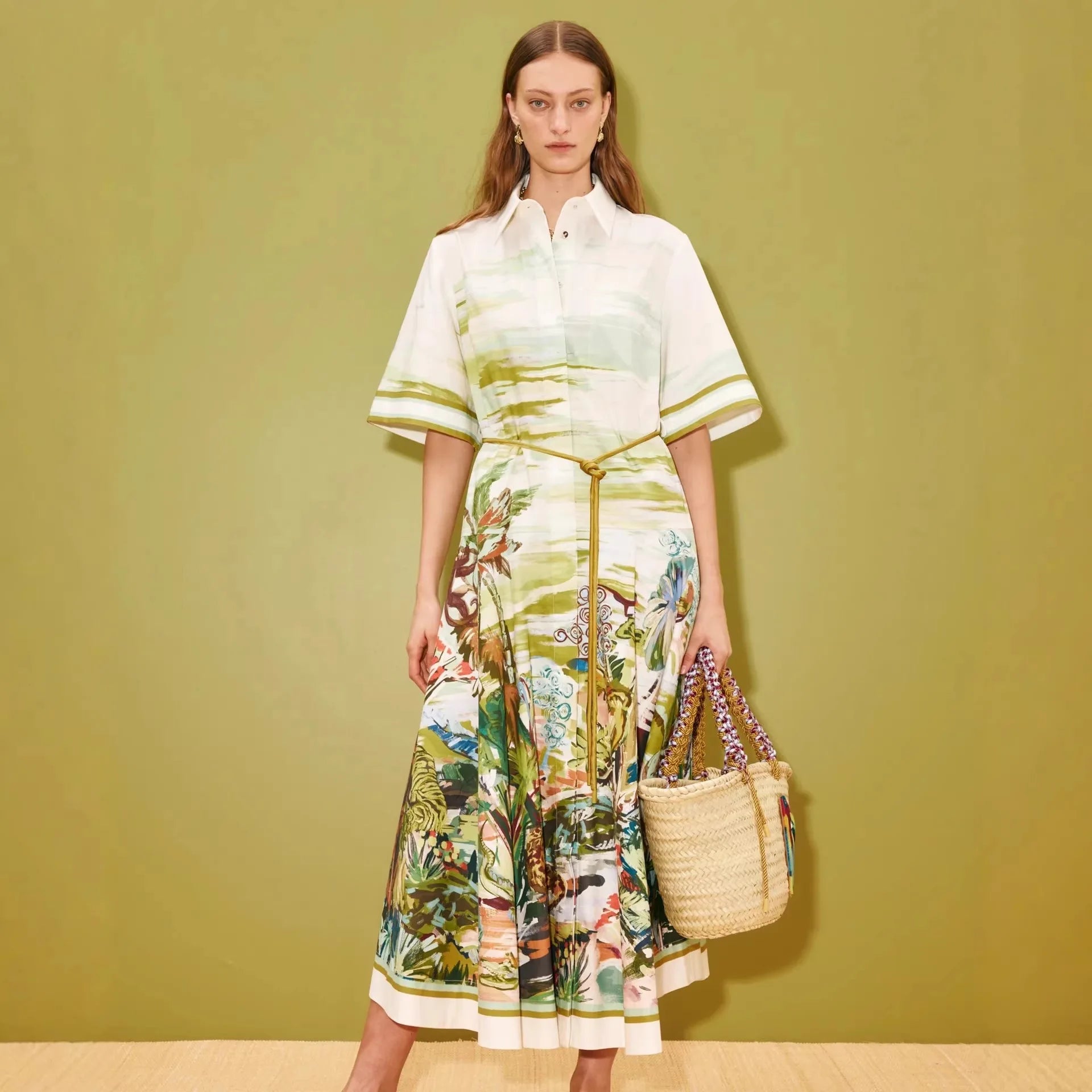 Women’s Tropical Print Midi Dress | Elegant Resort Shirt Dress with Belted Waist