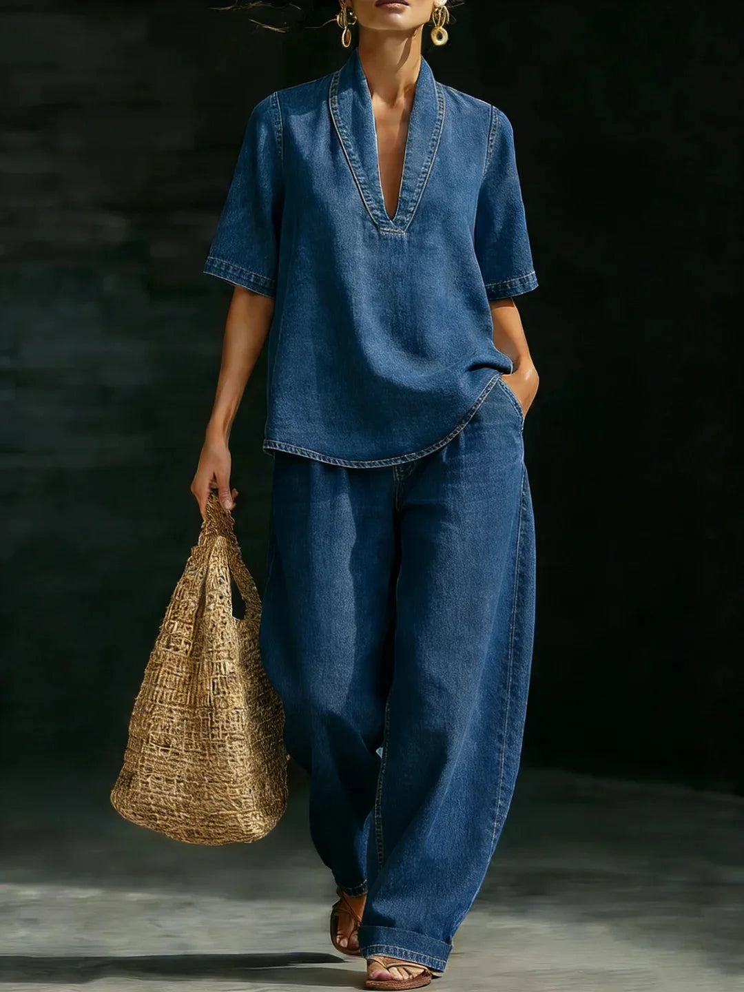 Women's Relaxed Denim Co-Ord Set | V Neck Top & Wide Leg Trousers Casual Outfit