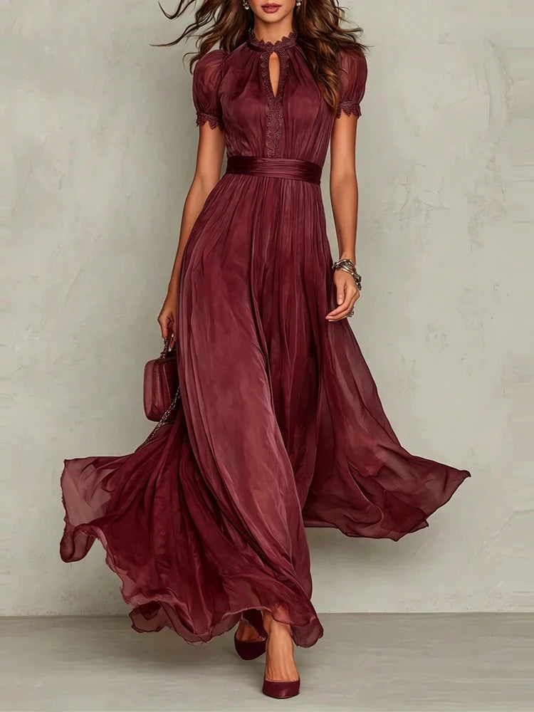 Women’s Vintage Plum Chiffon Maxi Dress | Elegant Puff Sleeve Pleated Formal Dress for Weddings, Evening Parties & Special Occasions