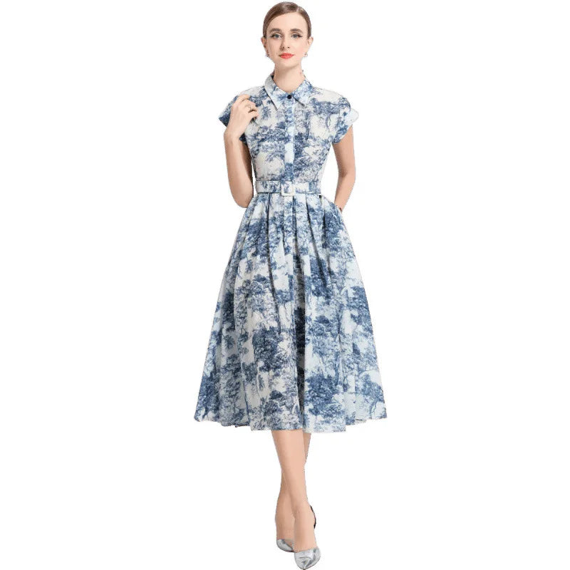Printed Shirt Midi Dress Women | Sleeveless Belted A Line Elegant Dress